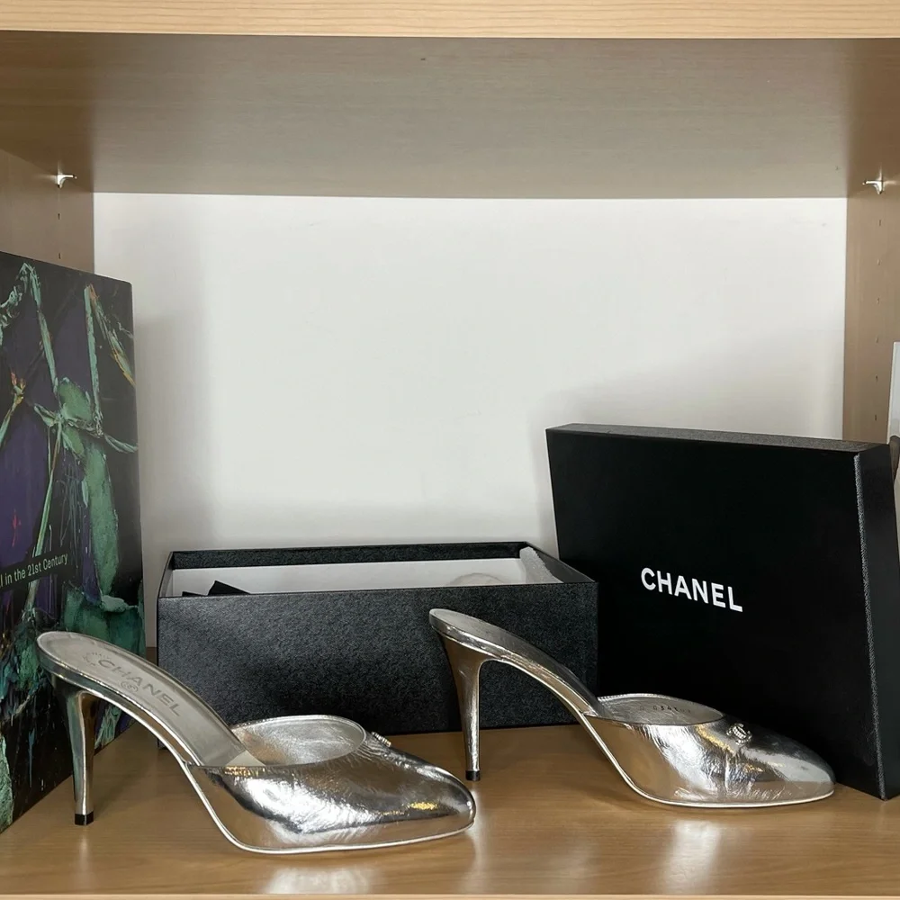 Chanel silver mules